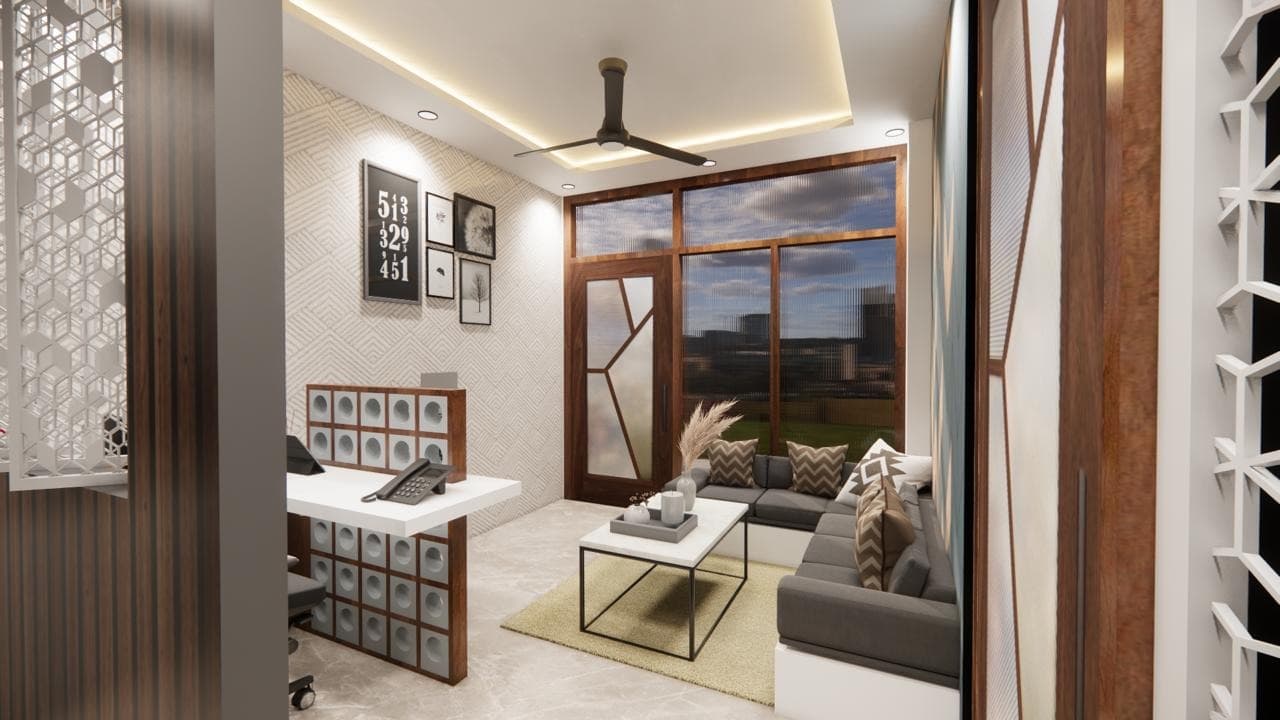 Executive workstation view toward reception lounge and ribbed glass partition door