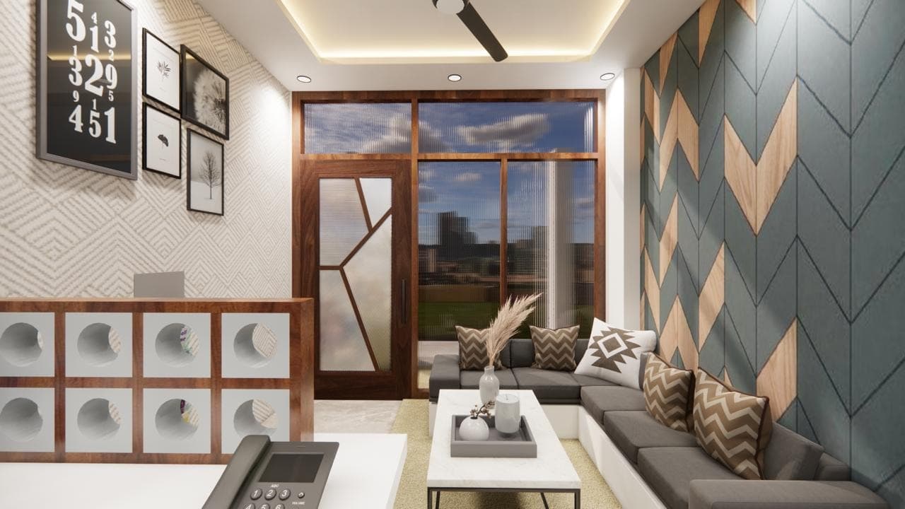 Client waiting lounge with custom L-shaped sofa and geometric timber wall accents