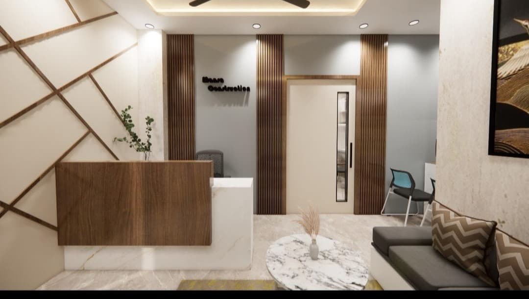 Marble reception counter with fluted timber pilasters and geometric wall relief