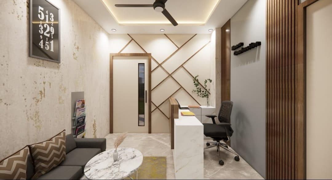 Reception desk and client waiting area with round marble coffee table