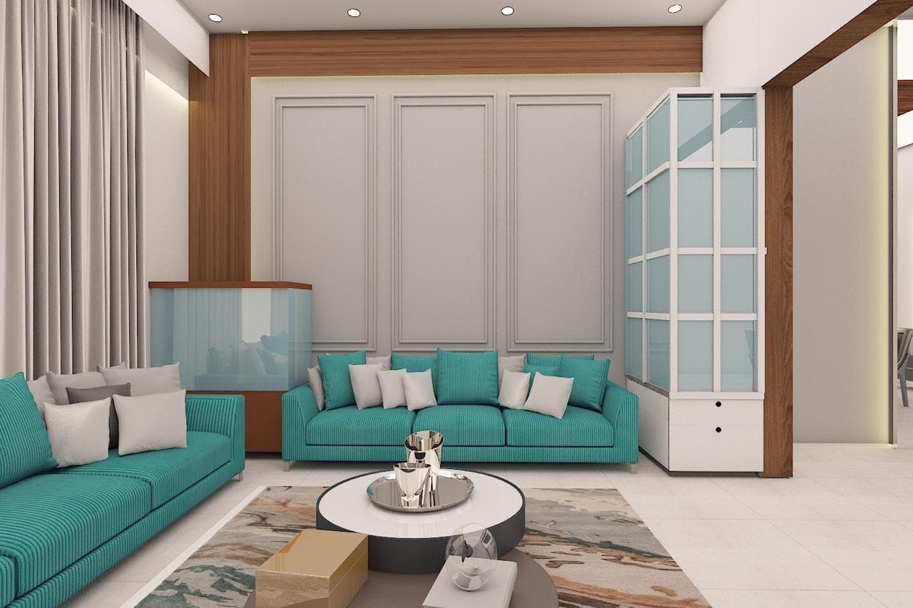 Living room feature wall with custom moulding panels and illuminated display cabinet in Bhopal