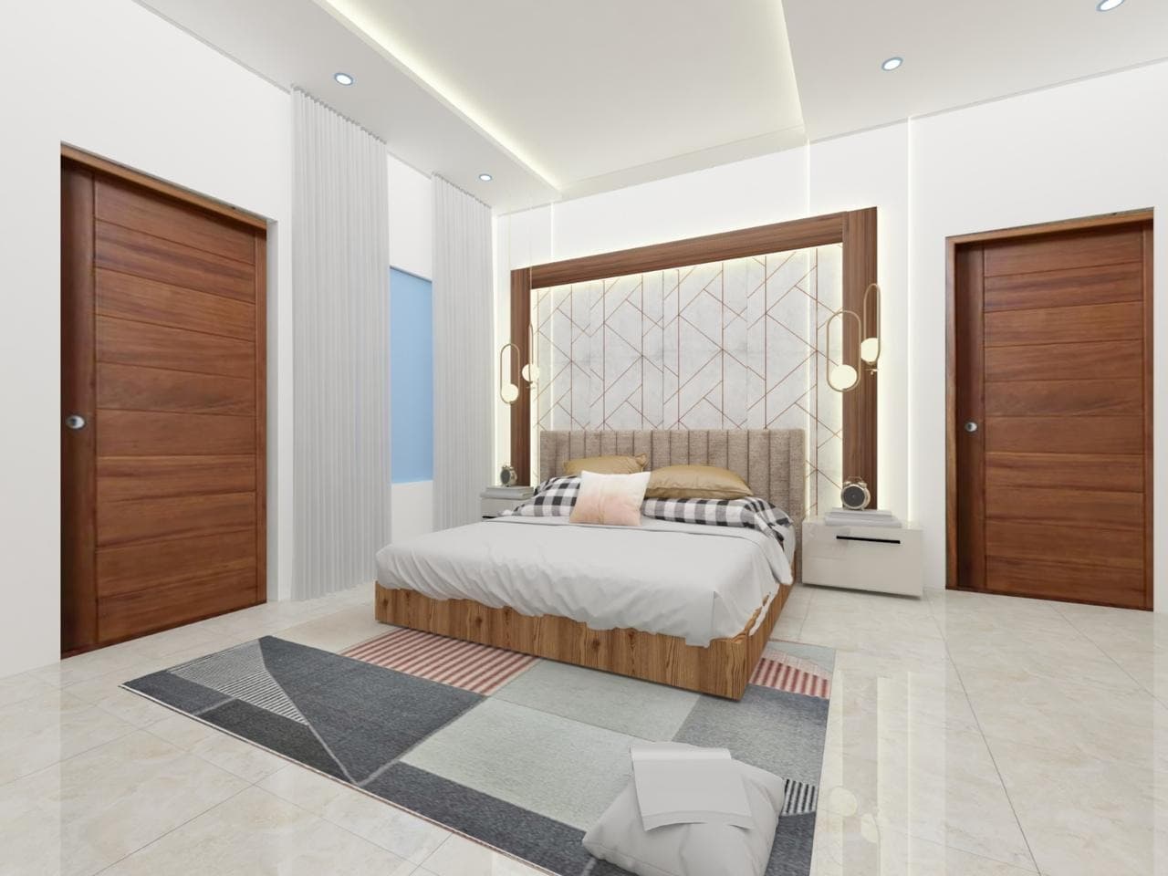 Master bedroom suite featuring geometric backlit marble headboard and teak joinery in Bhopal