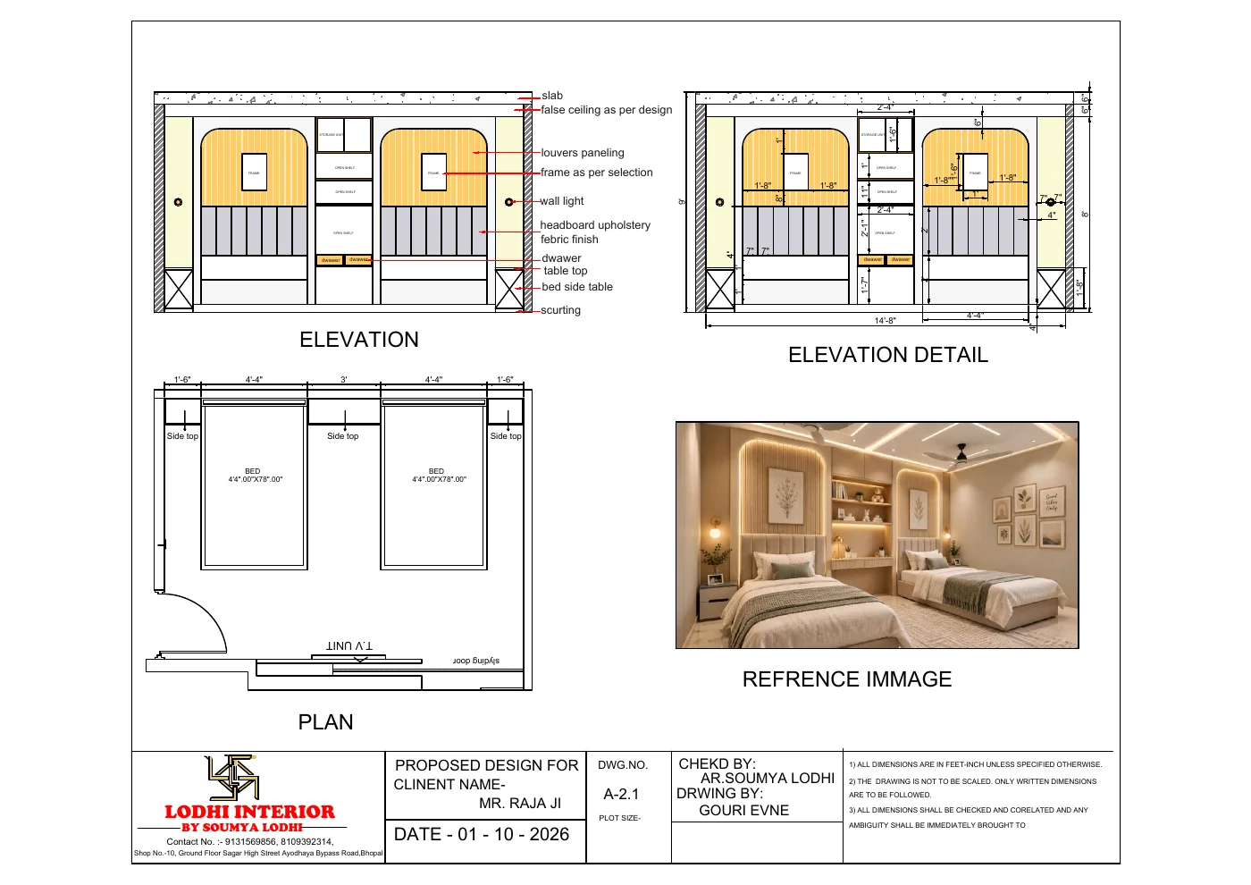 Raja residence bedroom elevation and plan