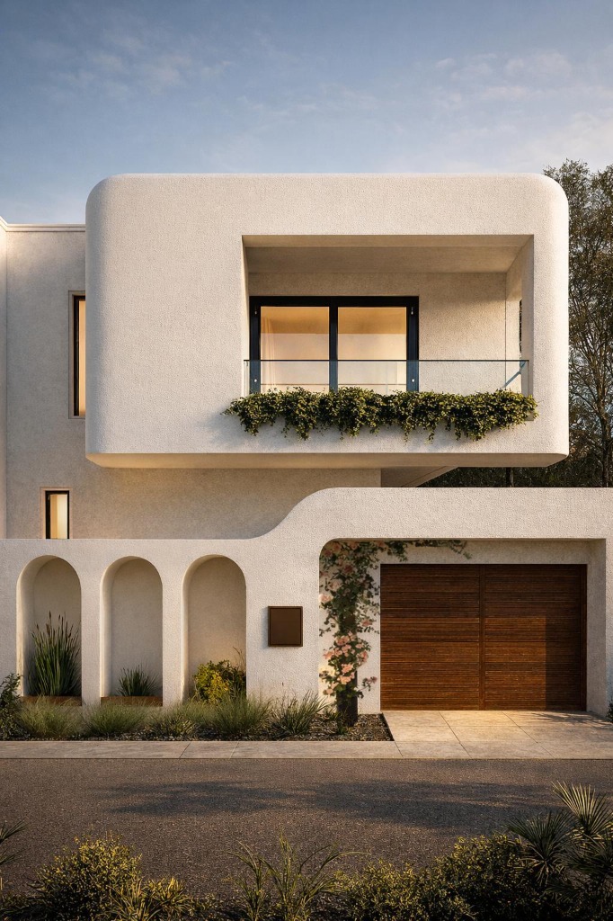 Contemporary curved arches and bespoke interior joinery of Shahpura Lake Villa, Bhopal