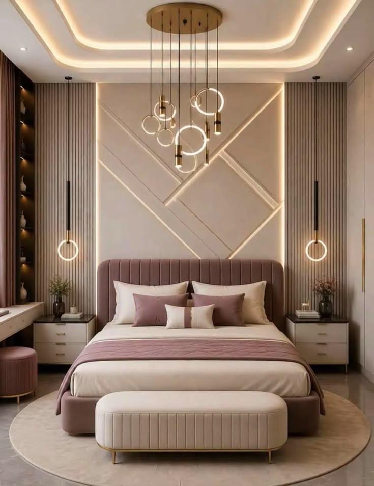 Mauve velvet accent bedroom with ring pendant suspension lights and fluted wall paneling in Bhopal