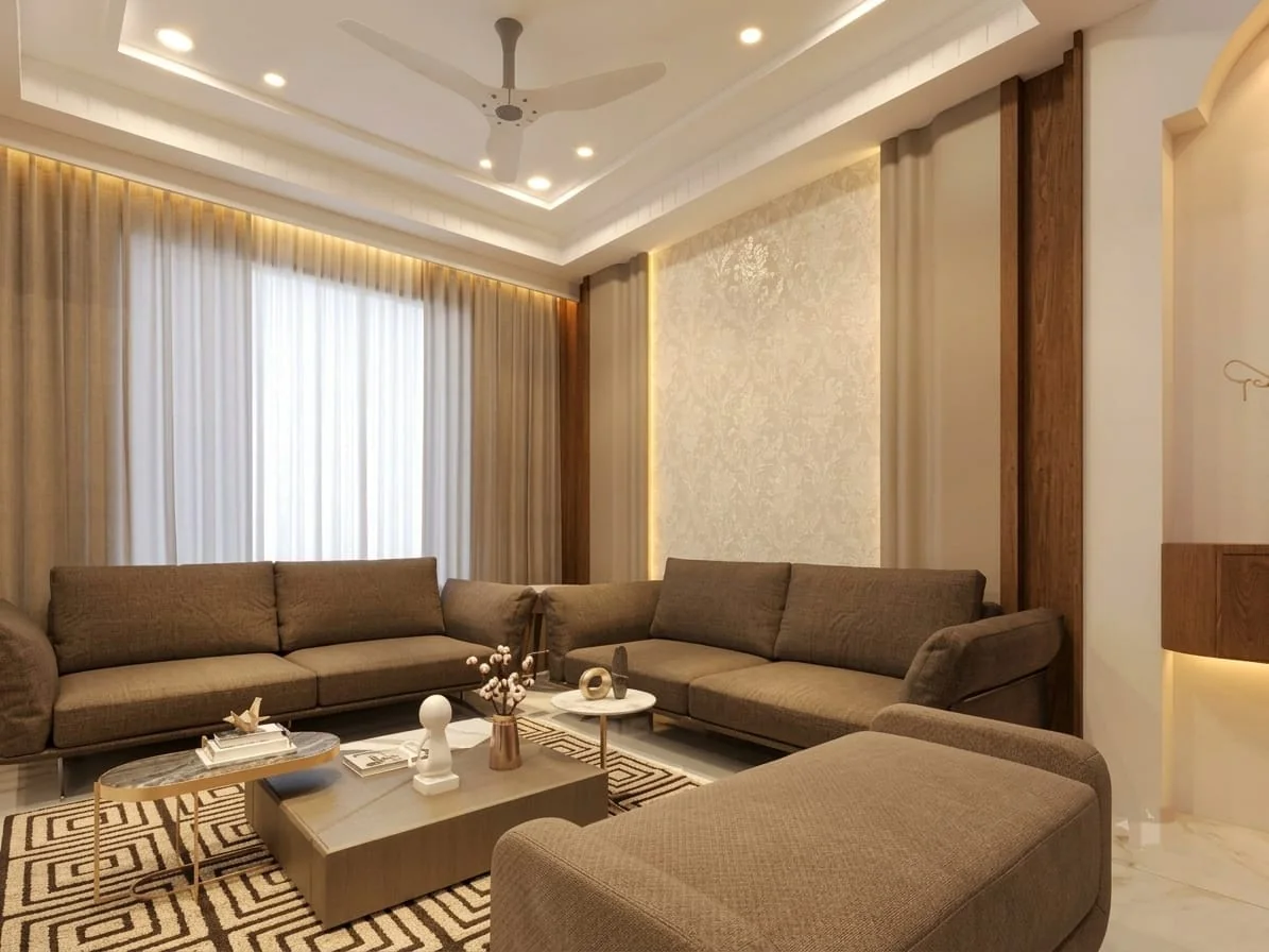 Living room with coordinated furniture, lighting and wall details