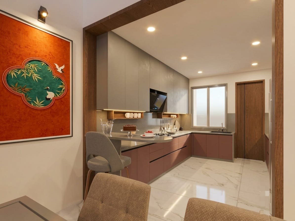 Breakfast counter and L-shaped modular kitchen layout with built-in appliances in Bhopal