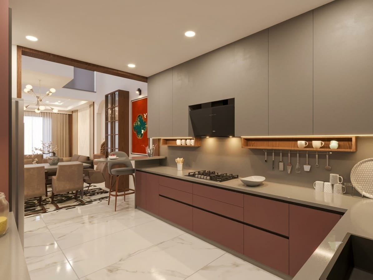 Kitchen workstation detailing integrated gas hob, utensil rail, and under-cabinet profile lighting in Bhopal