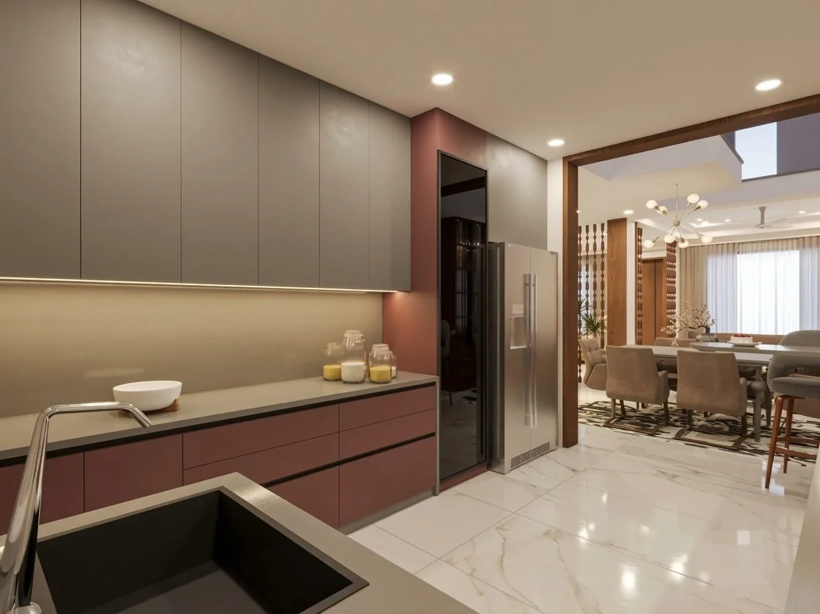 Kitchen island and full-height cabinetry in a warm contemporary kitchen