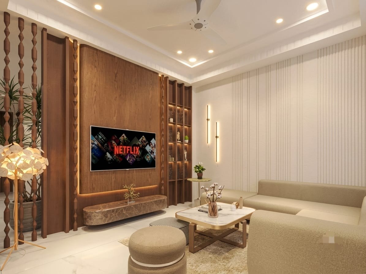TV lounge perspective showcasing vertical wall paneling, floating marble console, and lotus brass floor lighting in Bhopal