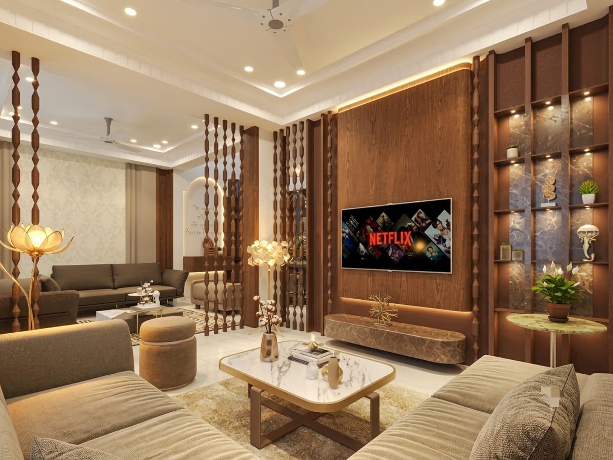 Luxury TV entertainment lounge featuring curved walnut paneling, backlit marble shelving, and fluted divider in Bhopal