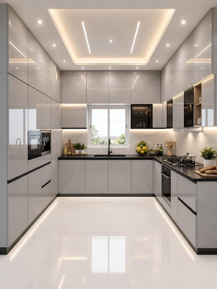 Turnkey high-gloss U-shaped modular kitchen with appliance towers and under-cabinet LED in Bawadiya Kalan, Bhopal by Lodhi Interiors