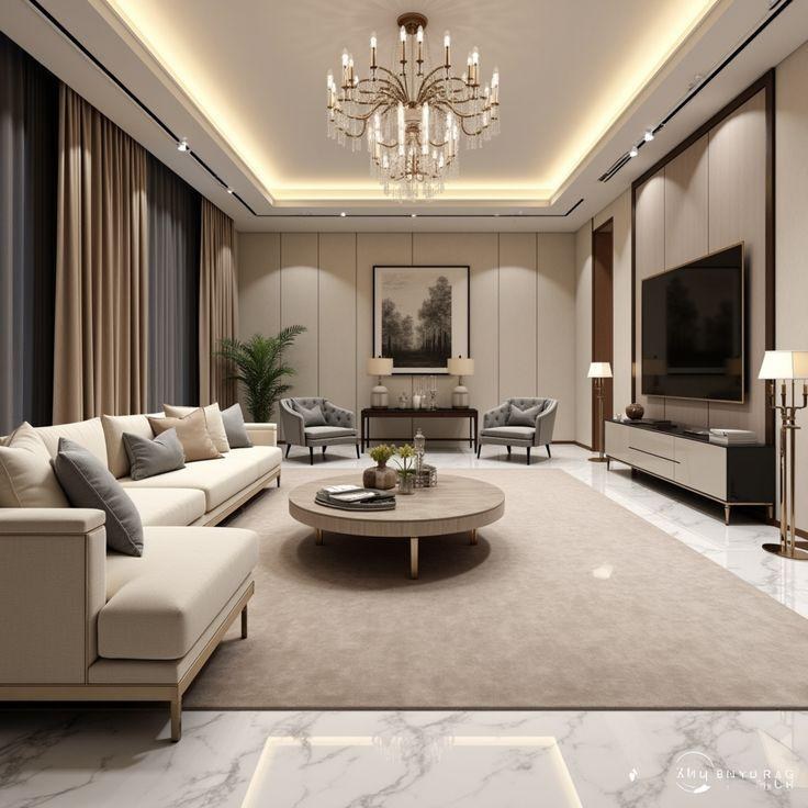 Grand formal drawing room with crystal chandelier, tailored wall panelling, and Italian marble flooring in Bhopal