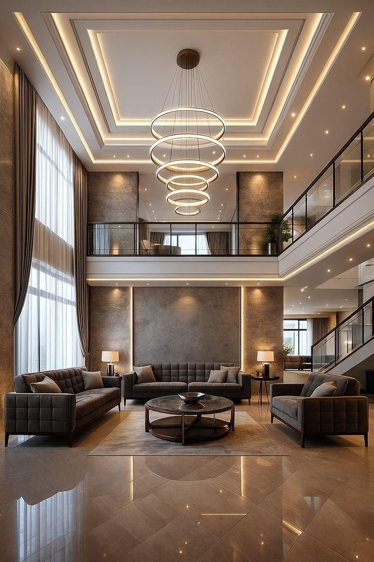Double-height living room atrium with mezzanine glass bridge and multi-tier circular LED chandelier in Shahpura, Bhopal