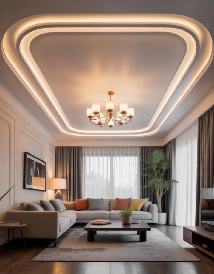 Double-tier curved POP false ceiling with warm recessed cove illumination in Bhopal