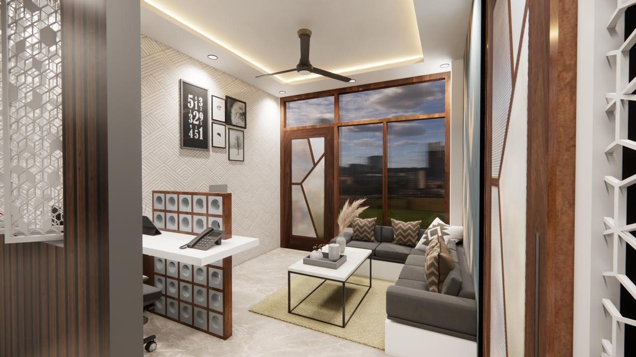 Executive workstation view toward reception lounge and ribbed glass partition door