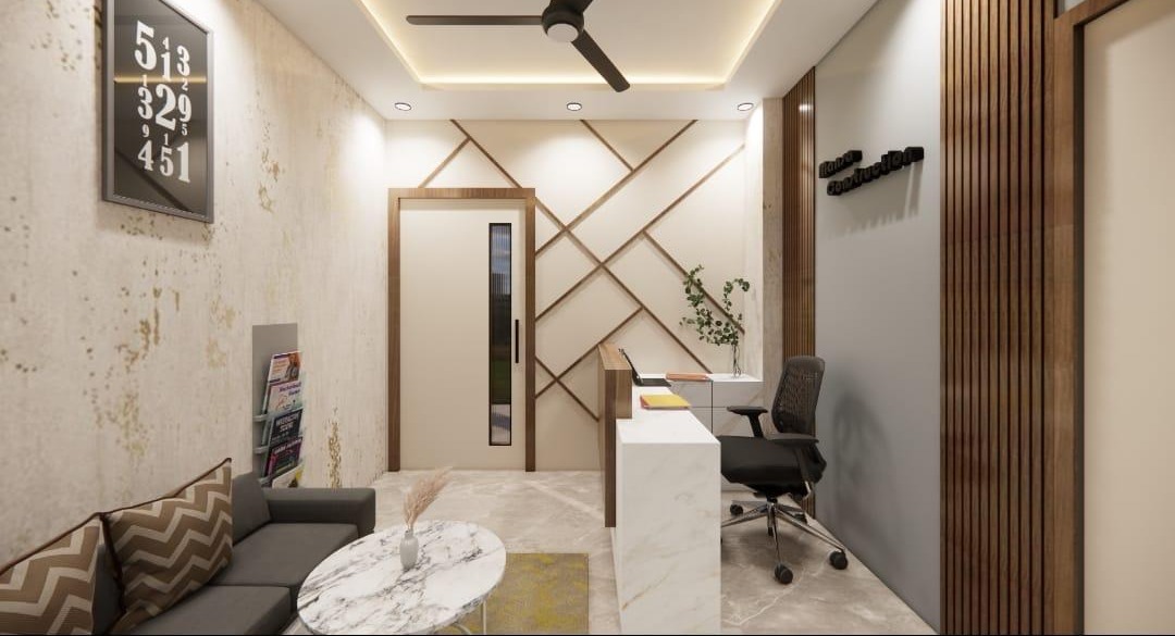 Reception desk and client waiting area with round marble coffee table