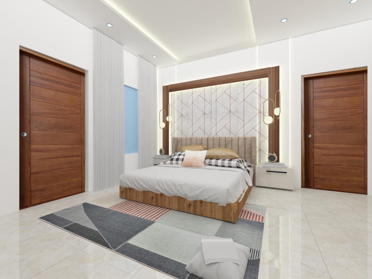 Master bedroom suite featuring geometric backlit marble headboard and teak joinery in Bhopal